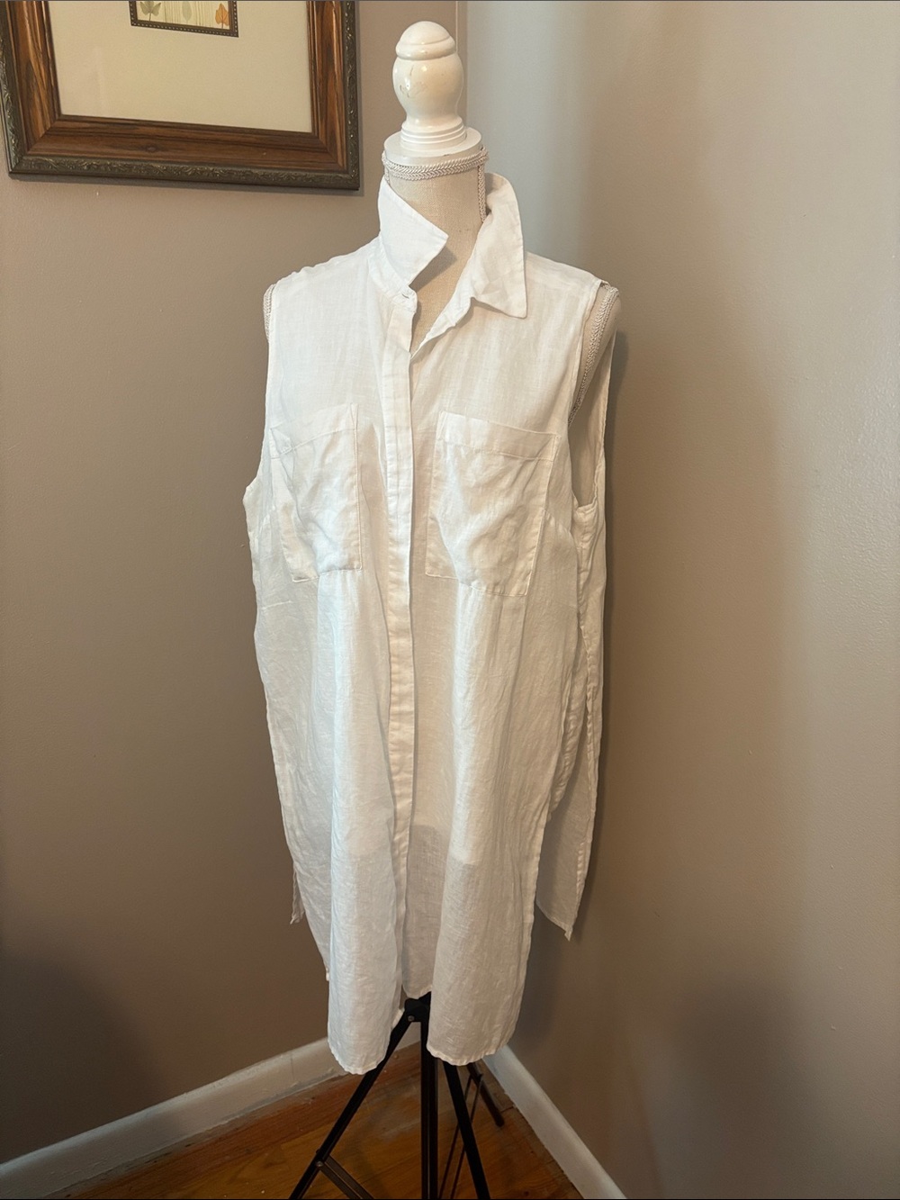 Chico's SZ 3 White Sleeveless Linen-Blend Button Front Tunic
